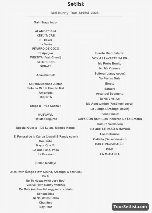 Bad Bunny Tour Setlist 2025