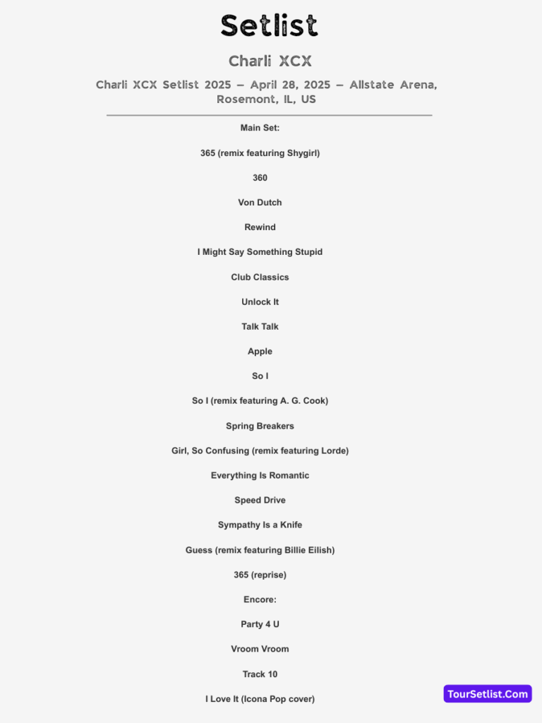 Charli XCX Setlist 2025 — April 28, 2025 — Allstate Arena, Rosemont, IL, US