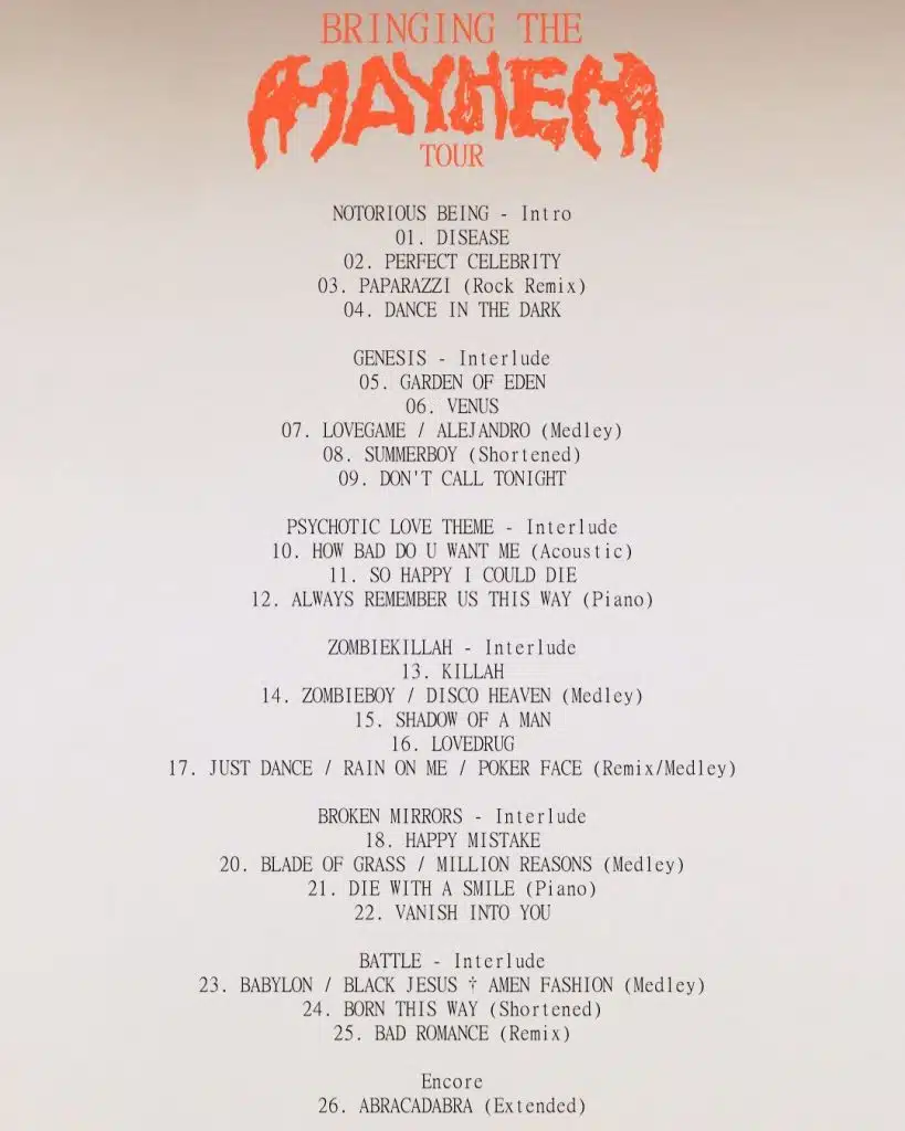 Lady Gaga Mayhem Tour Setlist 2025