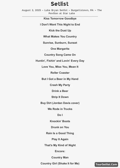 August 2, 2025 – Luke Bryan Setlist – Burgettstown, PA – The Pavilion at Star Lake