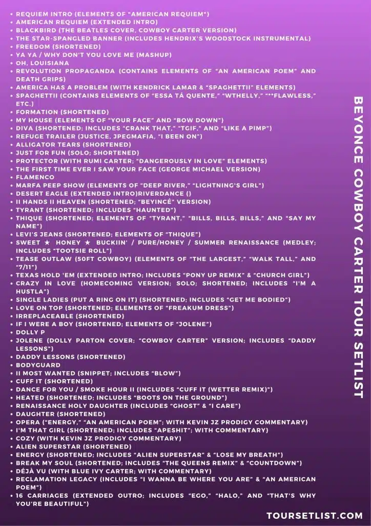 Beyonce Cowboy Carter Tour Setlist 2025: Changed Songs 1 Beyonce Cowboy Carter Tour Setlist