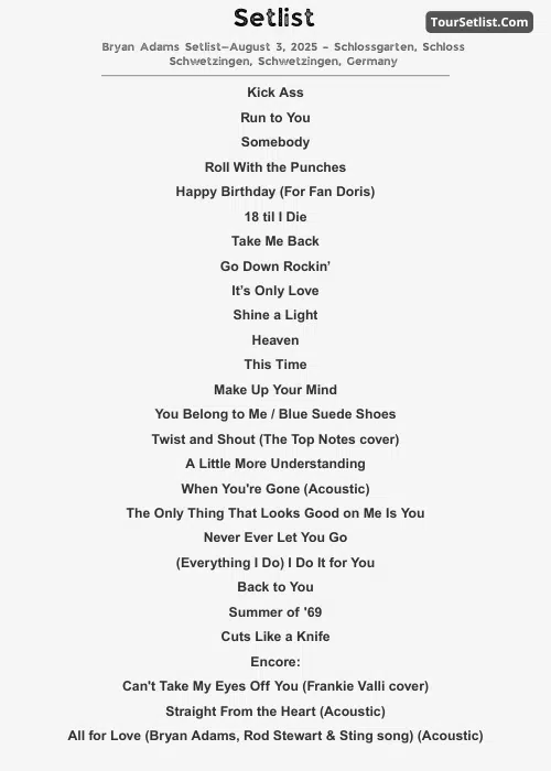 Bryan Adams Setlist—August 3, 2025 – Schlossgarten, Schloss Schwetzingen, Schwetzingen, Germany