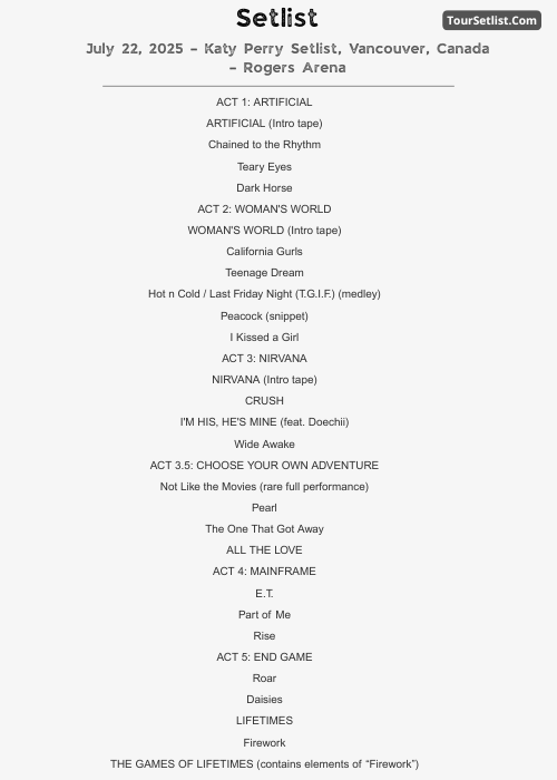 July 22, 2025 – Katy Perry Setlist, Vancouver, Canada – Rogers Arena