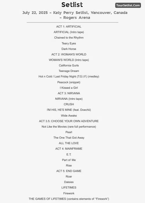 July 22, 2025 – Katy Perry Setlist, Vancouver, Canada – Rogers Arena