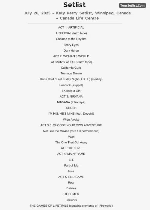 July 26, 2025 – Katy Perry Setlist, Winnipeg, Canada – Canada Life Centre