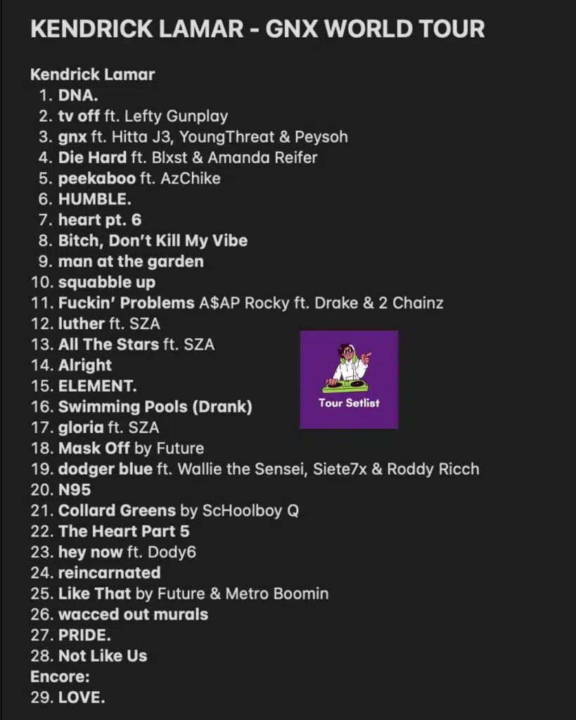 Kendrick Lamar GNX Tour Setlist 2025 1 Kendrick Lamar GNX Tour Setlist