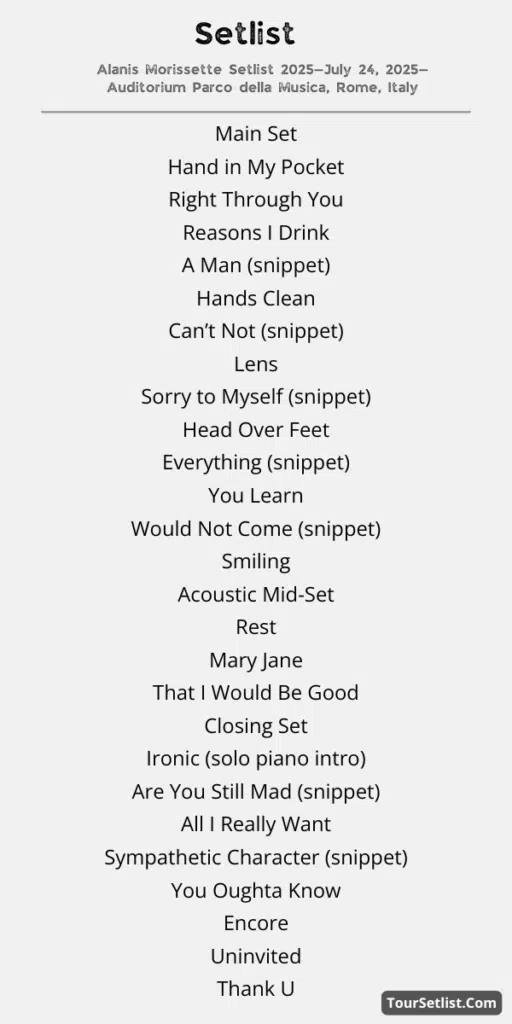 Alanis Morissette Setlist 2025—July 24, 2025—Auditorium Parco della Musica, Rome, Italy