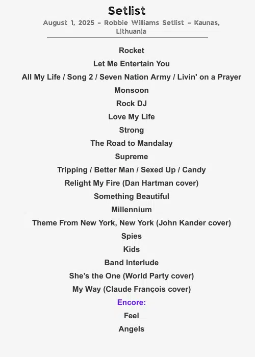 August 1, 2025 – Robbie Williams Setlist – Kaunas, Lithuania