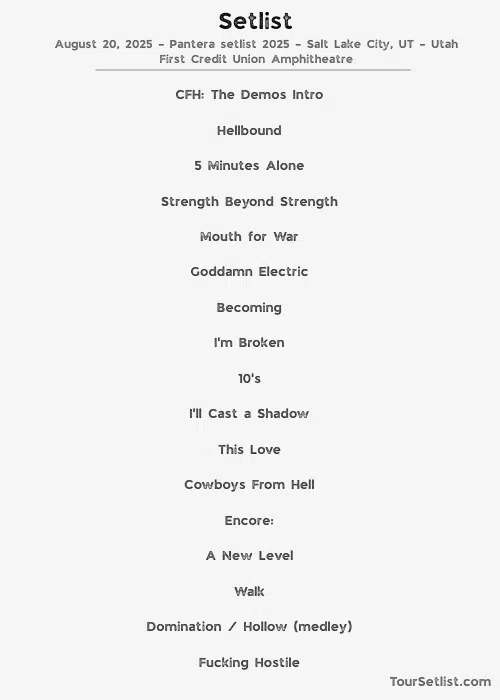 August 20, 2025 – Pantera setlist 2025 – Salt Lake City, UT – Utah First Credit Union Amphitheatre