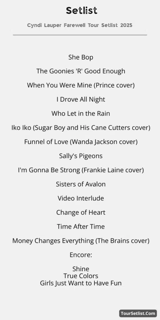 Cyndi Lauper Farewell Tour Setlist 2025