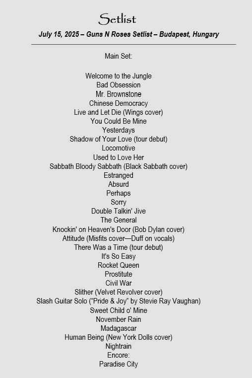 July 15, 2025 – Guns N Roses Setlist – Budapest, Hungary