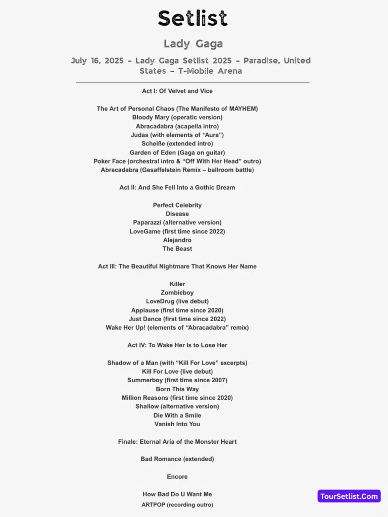 July 16, 2025 – Lady Gaga Setlist 2025 – Paradise, United States – T-Mobile Arena