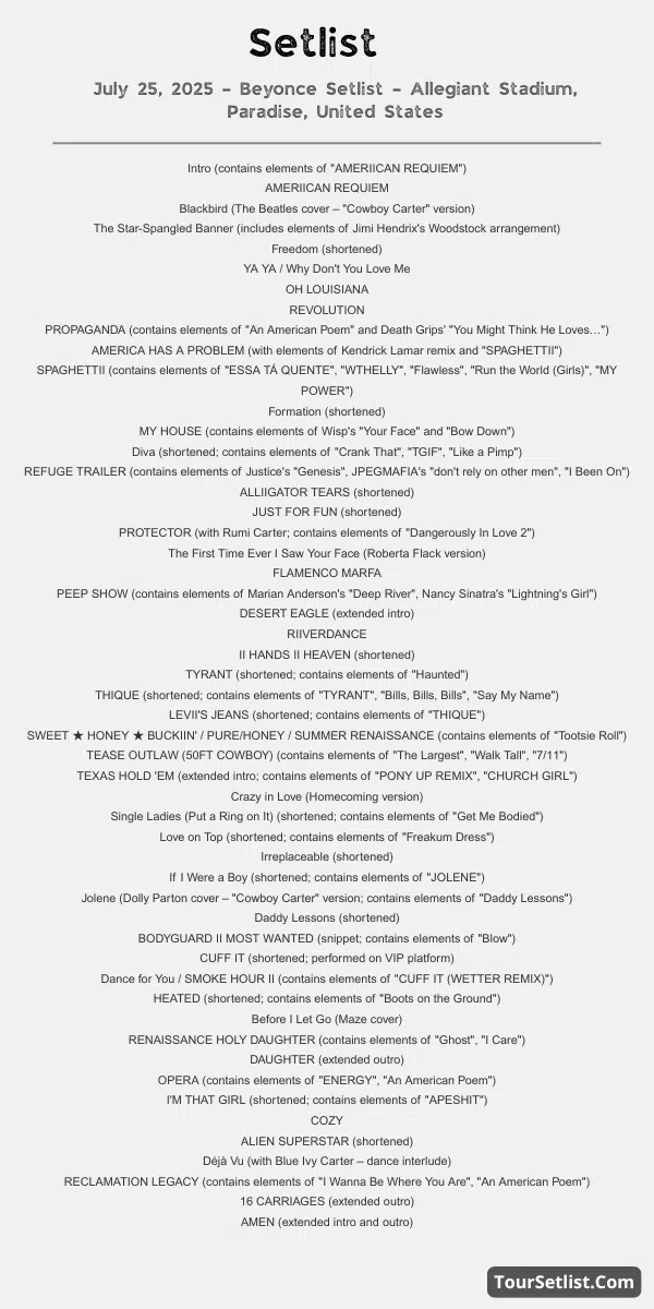 July 25, 2025 – Beyonce Setlist – Allegiant Stadium, Paradise, United States