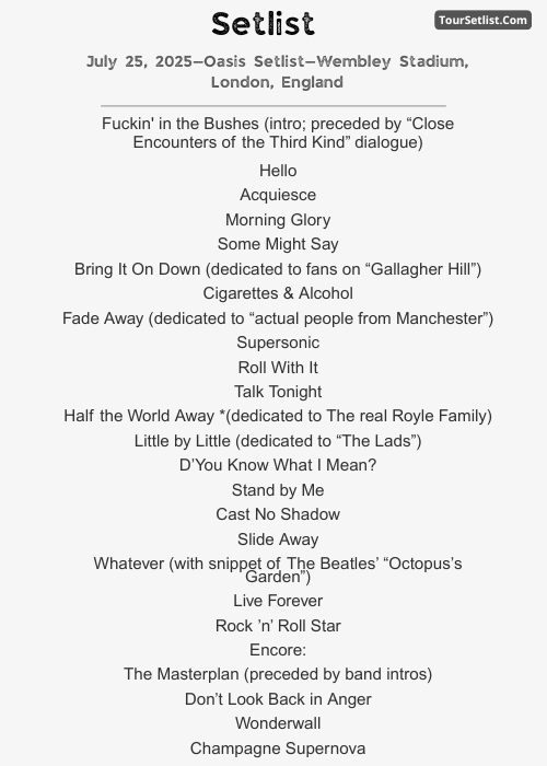 July 25, 2025—Oasis Setlist—Wembley Stadium, London, England