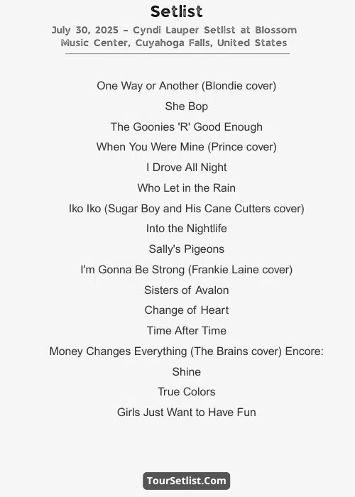 July 30, 2025 – Cyndi Lauper Setlist at Blossom Music Center, Cuyahoga Falls, United States