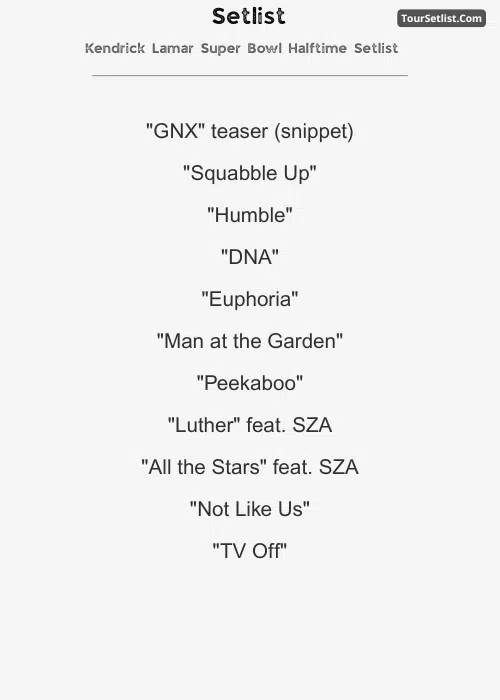 Kendrick Lamar Super Bowl Halftime Setlist 2025