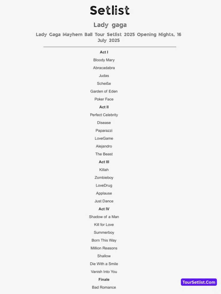 Lady Gaga Mayhem Ball Tour Setlist 2025 Opening Night Lady Gaga Mayhem Ball Tour Setlist 2025 Opening Night