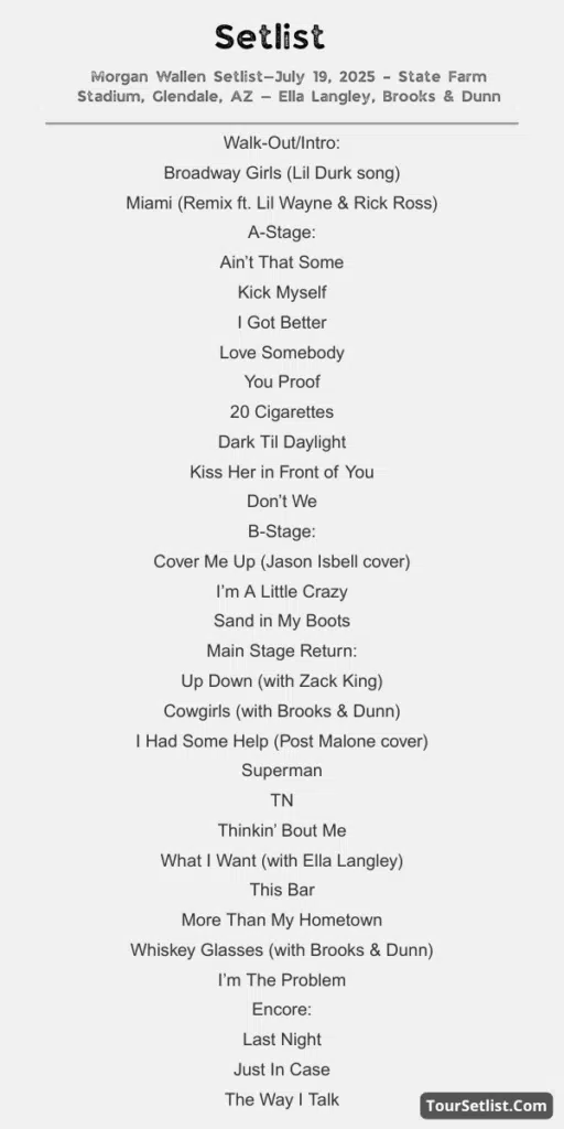 Morgan Wallen Setlist—July 19, 2025 – State Farm Stadium, Glendale, AZ — Ella Langley, Brooks & Dunn
