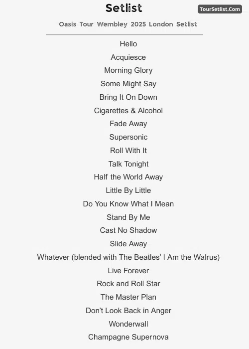 Oasis Tour Wembley 2025 London Setlist
