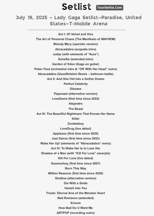 lady gaga 2025 setlist