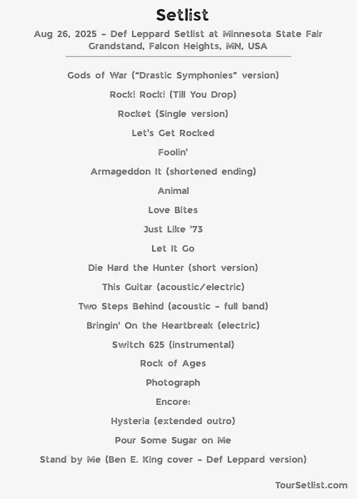 Aug 26, 2025 – Def Leppard Setlist at Minnesota State Fair Grandstand, Falcon Heights, MN, USA