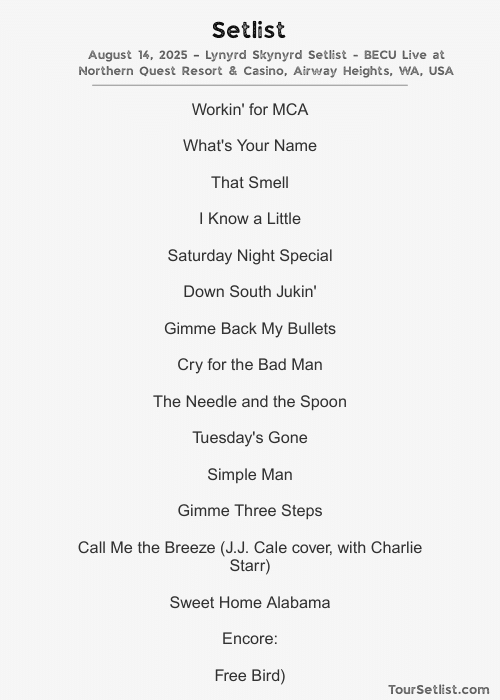 August 14, 2025 – Lynyrd Skynyrd Setlist - BECU Live at Northern Quest Resort & Casino, Airway Heights, WA, USA