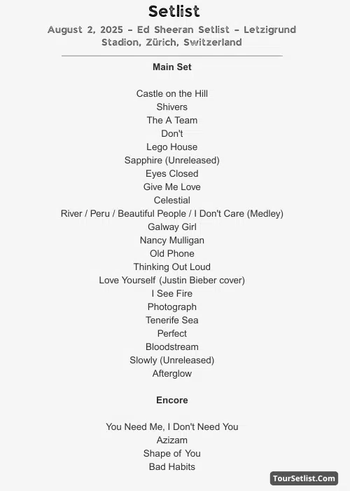 August 2, 2025 – Ed Sheeran Setlist – Letzigrund Stadion, Zürich, Switzerland