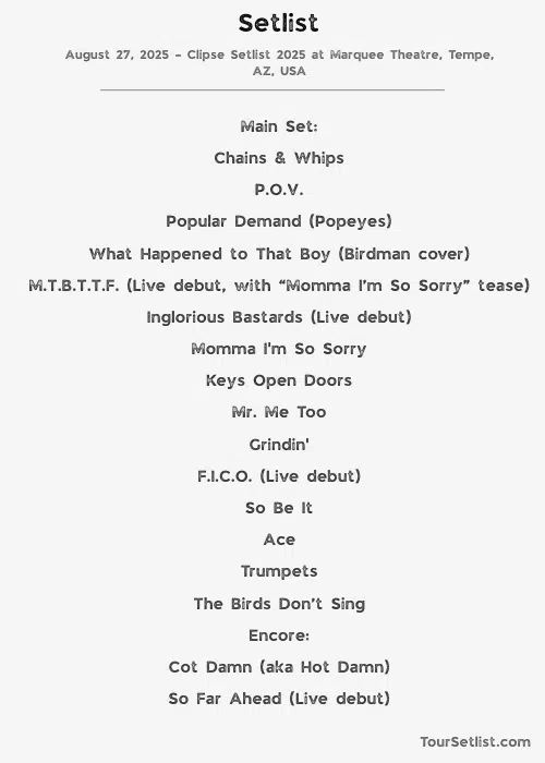August 27, 2025 – Clipse Setlist 2025 at Marquee Theatre, Tempe, AZ, USA