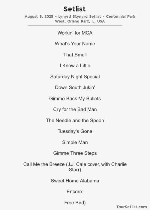 August 8, 2025 – Lynyrd Skynyrd Setlist - Centennial Park West, Orland Park, IL, USA
