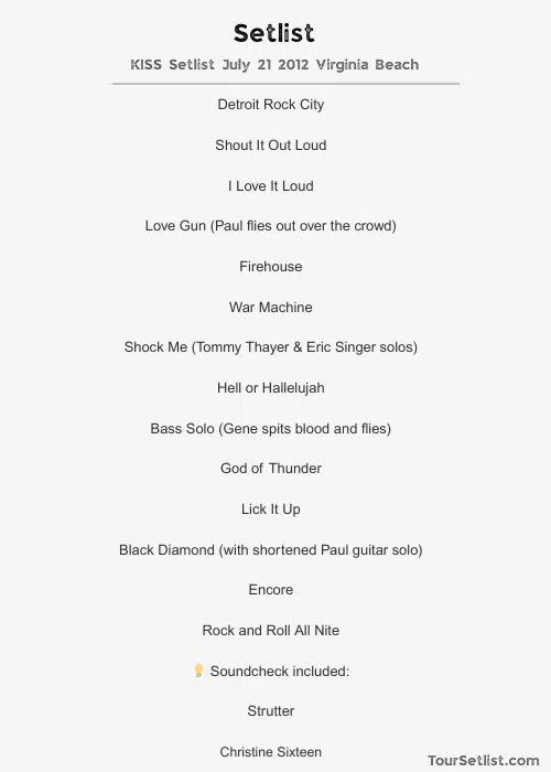 KISS Setlist July 21 2012 Virginia Beach 