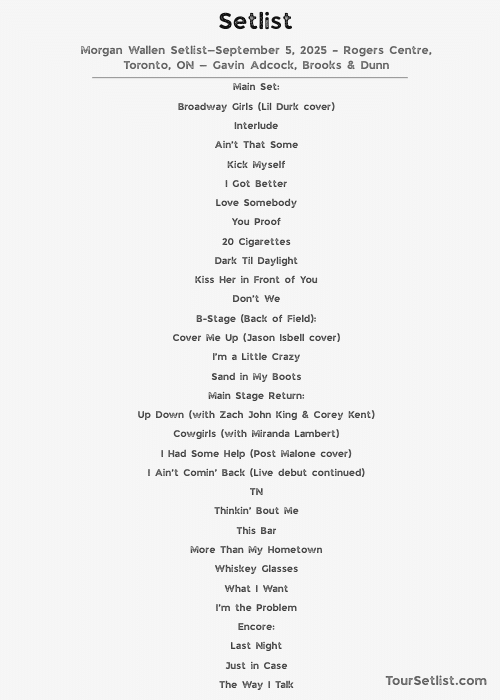 Morgan Wallen Setlist—September 5, 2025 – Rogers Centre, Toronto, ON — Gavin Adcock, Brooks & Dunn