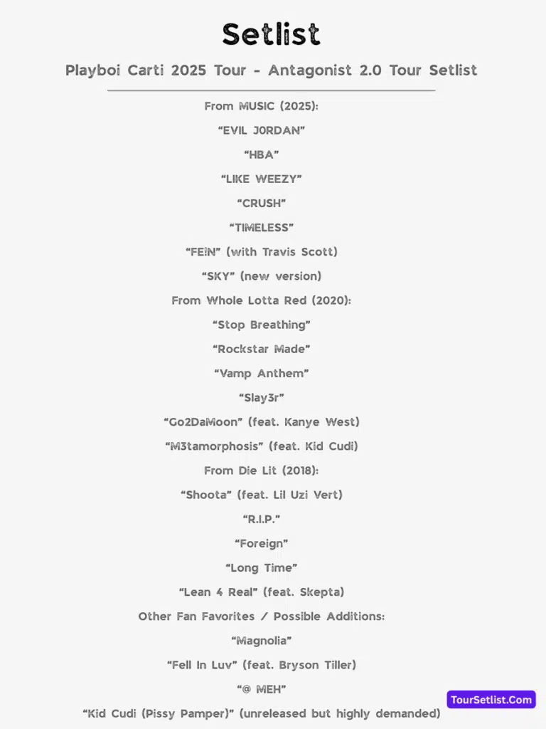 Playboi Carti Antagonist 2.0 Tour 2025 Setlist