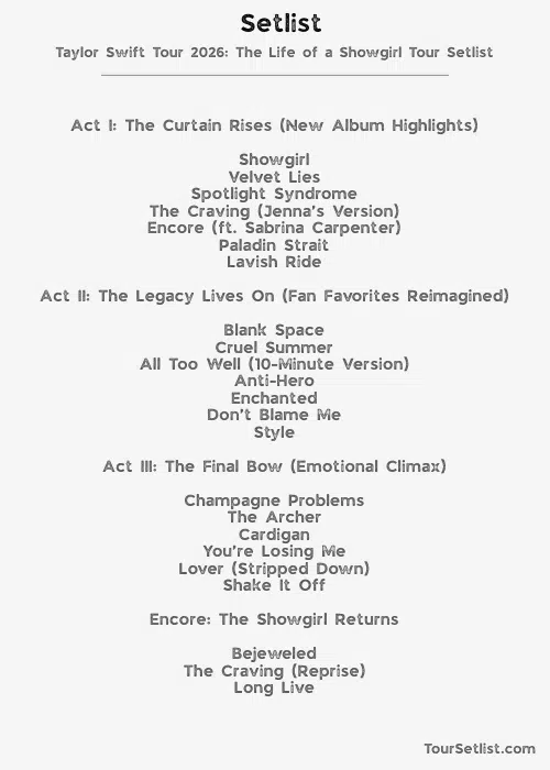 Taylor Swift Tour 2026 The Life of a Showgirl Tour Setlist