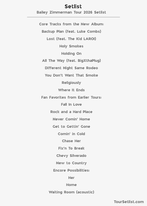 Bailey Zimmerman Tour 2026 Setlist