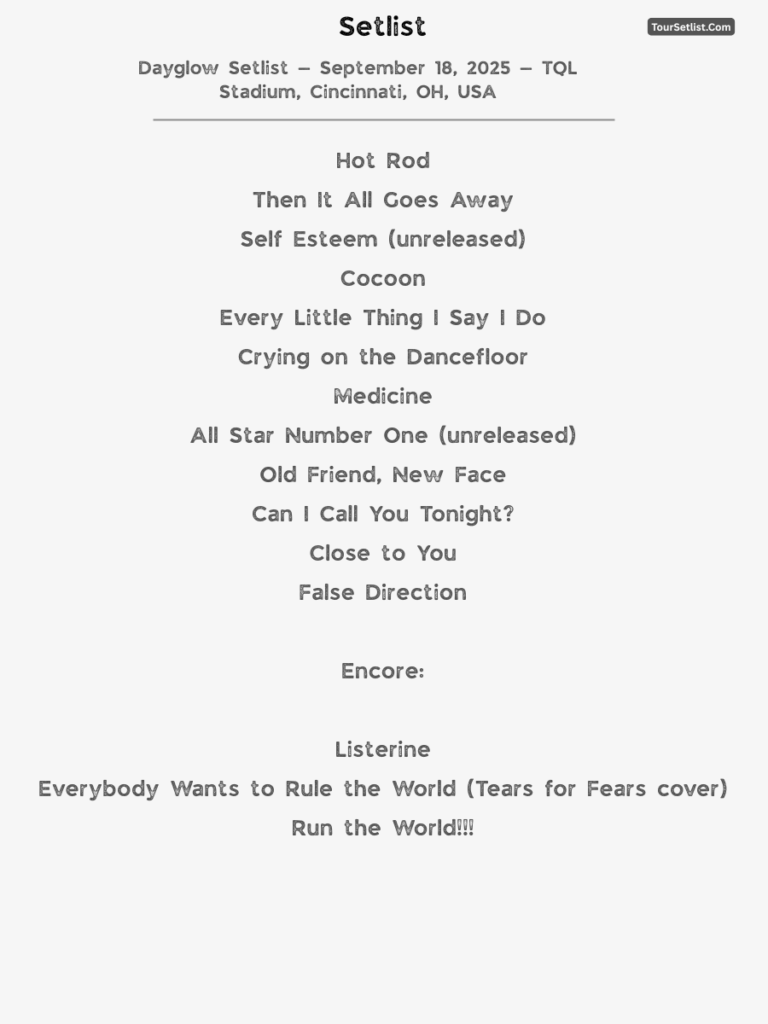 Dayglow Setlist — September 18, 2025 — TQL Stadium, Cincinnati, OH, USA