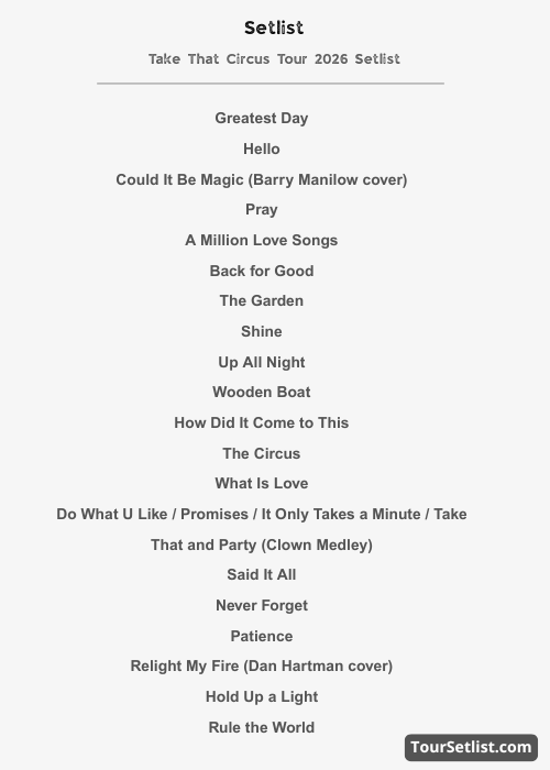 Take That Circus Tour 2026 Setlist
