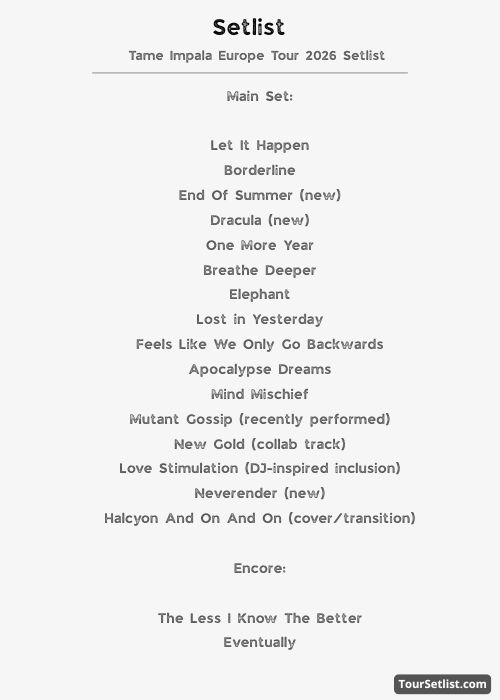 Tame Impala Europe Tour 2026 Setlist