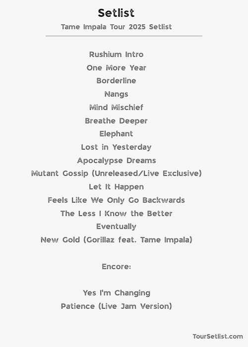 Tame Impala Tour 2025 Setlist