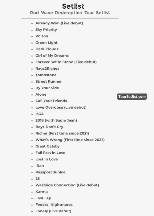 Rod Wave Redemption Tour Setlist
