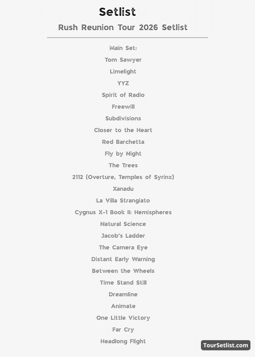 Rush Reunion Tour 2026 Expected Setlist