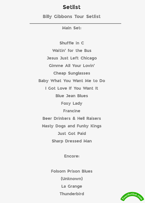 Billy Gibbons Tour 2026 Setlist