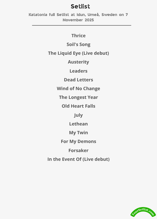 Katatonia 2026 Tour Setlist