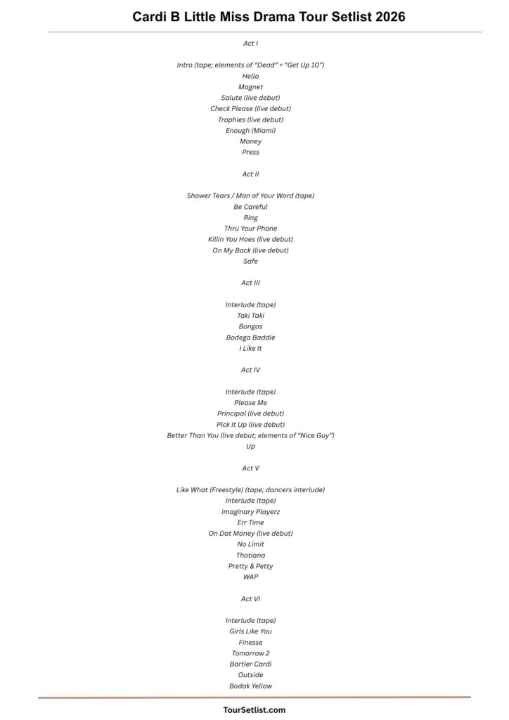 Cardi B Little Miss Drama Tour Setlist 2026 Cardi B Little Miss Drama Tour Setlist 2026