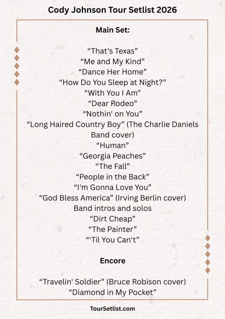 Cody Johnson Tour Setlist 2026