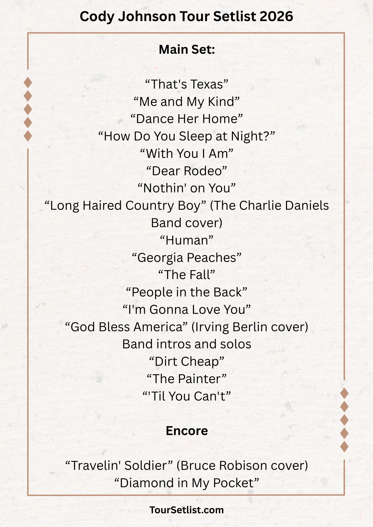 Cody Johnson Tour Setlist 2026 - Every Song From Tour First Show