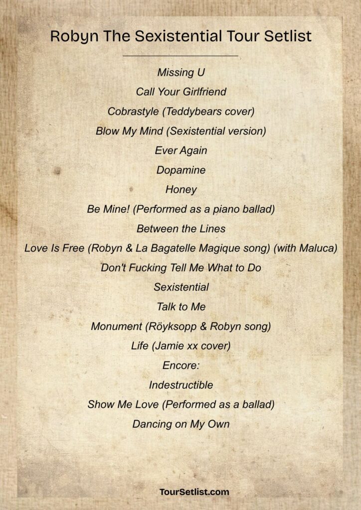 Robyn The Sexistential Tour Setlist 2026