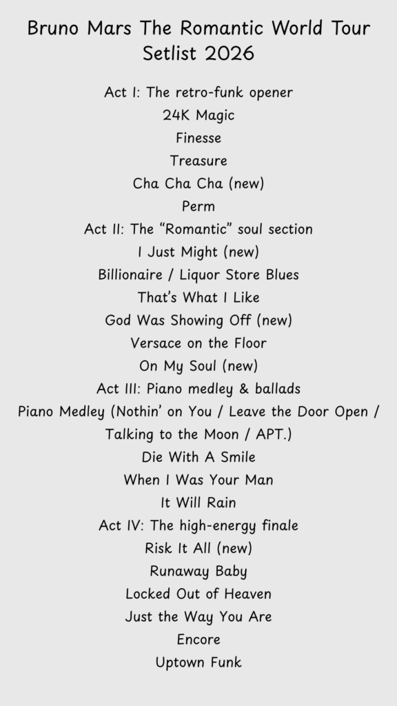 Bruno Mars The Romantic World Tour Setlist 2026