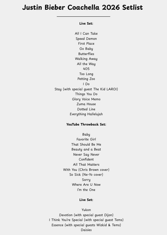 Justin Bieber Coachella 2026 Setlist