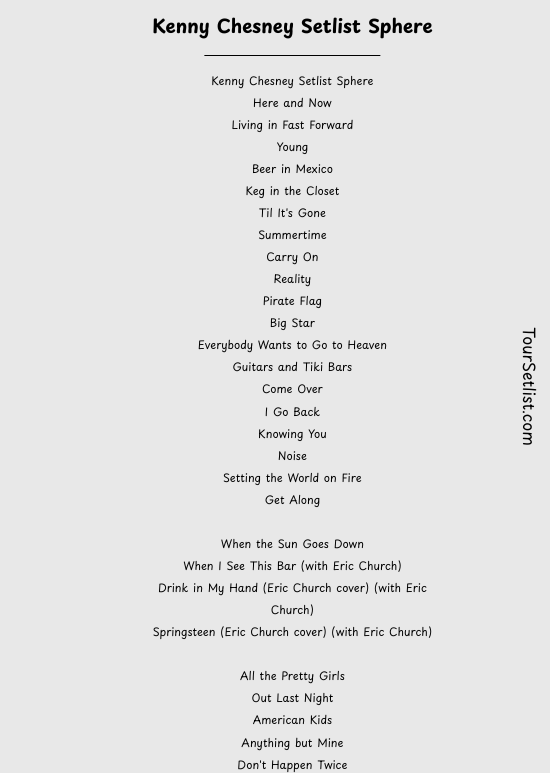 Kenny Chesney Setlist Sphere